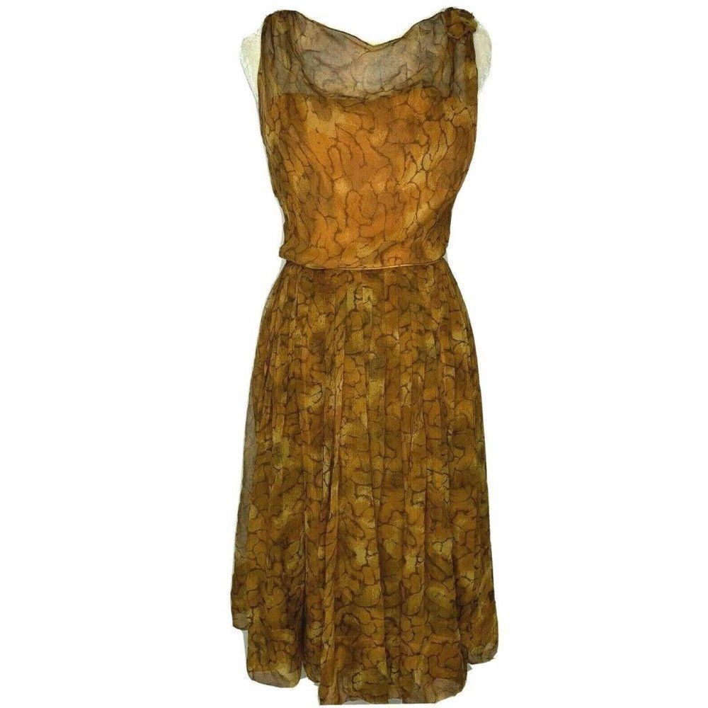 Vintage 50s Sheer Overlay Dress S Brown Draped